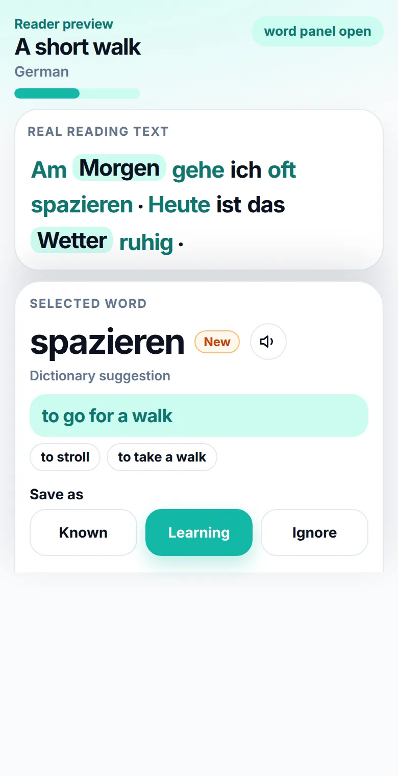 Close-up of the German reader. spazieren is selected, with the translation “to go for a walk” in the word panel.