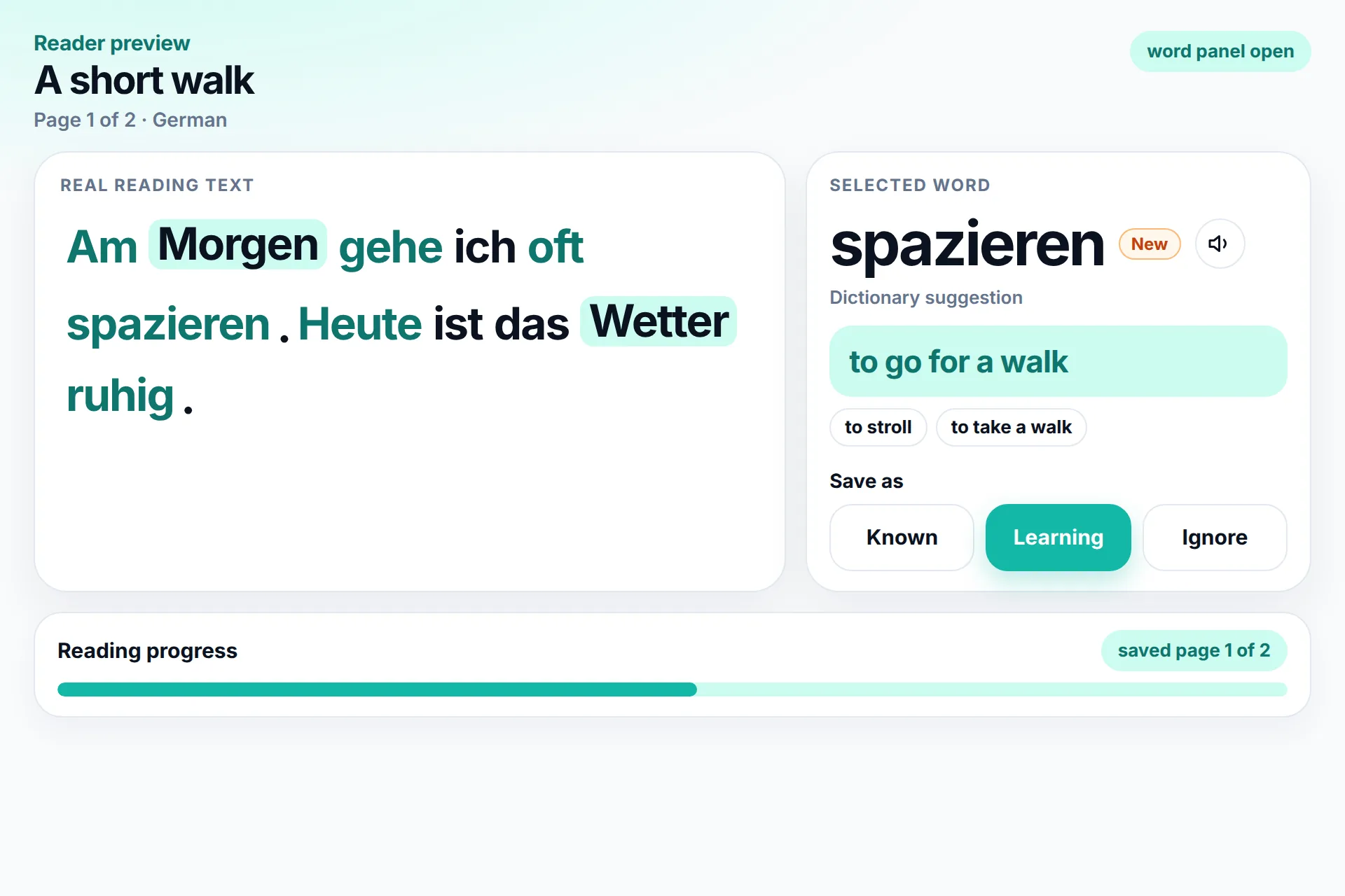 Close-up of the German reader. spazieren is selected, with the translation “to go for a walk” in the word panel.