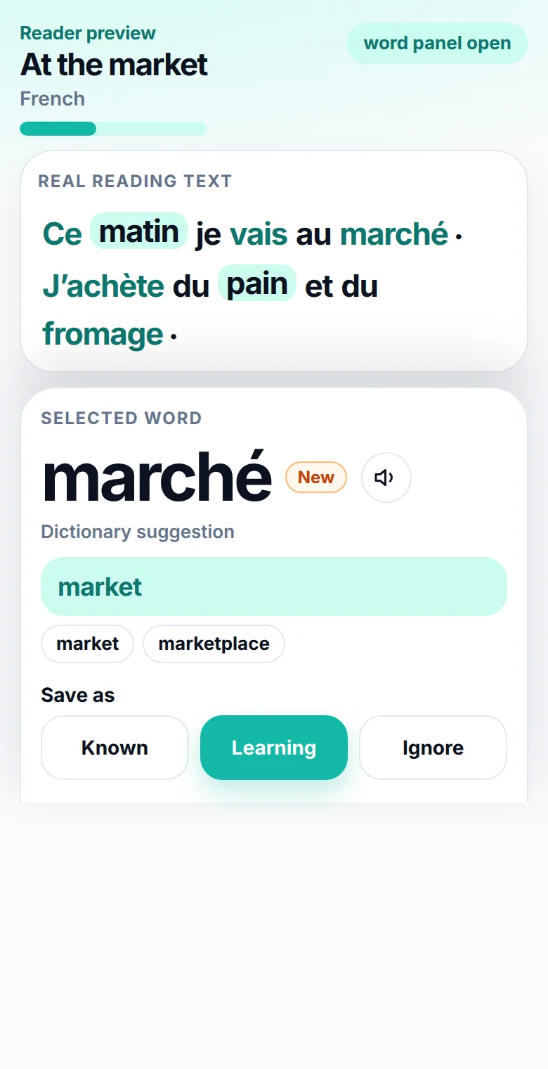 Close-up of the French reader. marché is selected, with the translation “market” in the word panel.