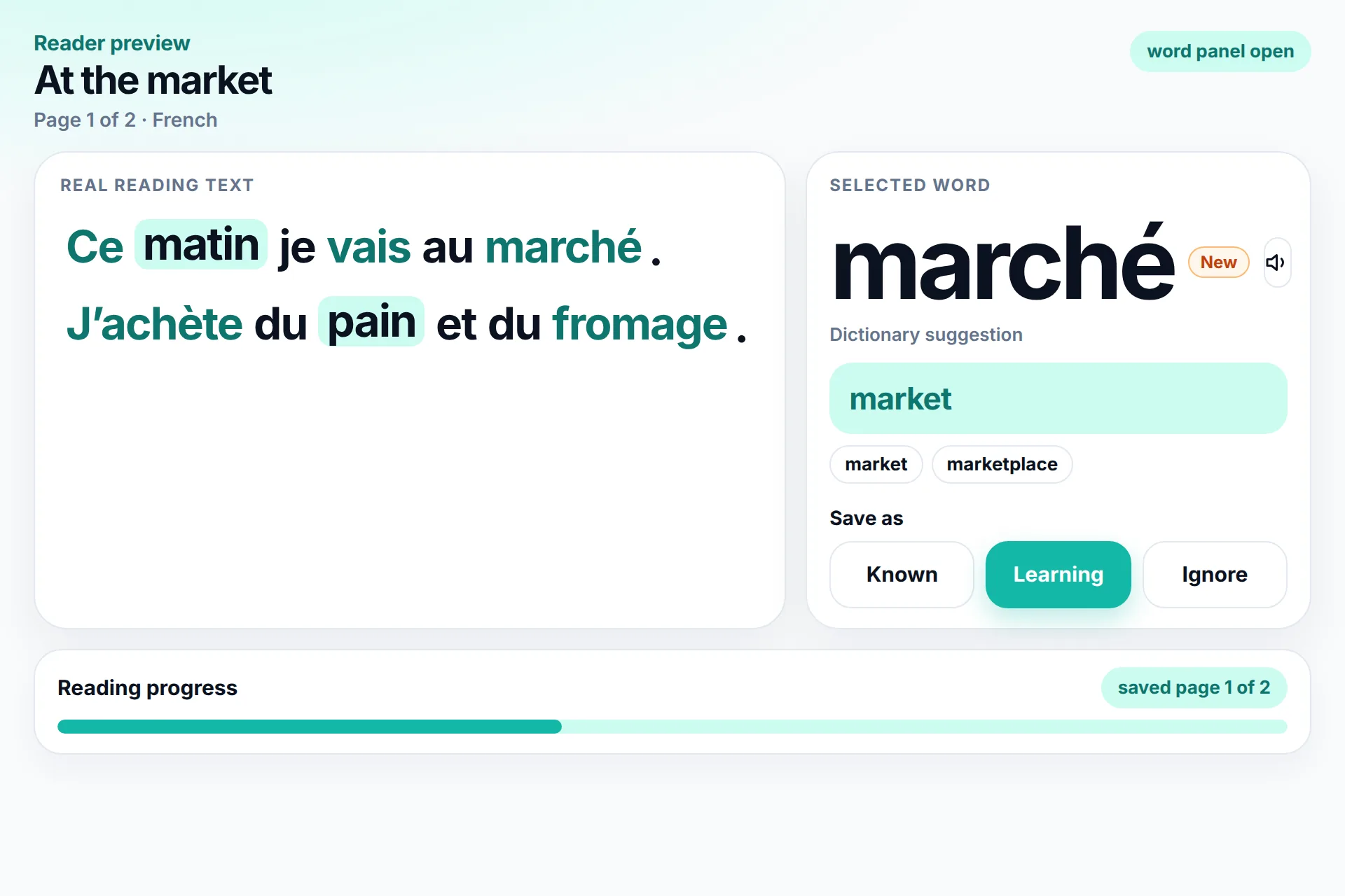 Close-up of the French reader. marché is selected, with the translation “market” in the word panel.