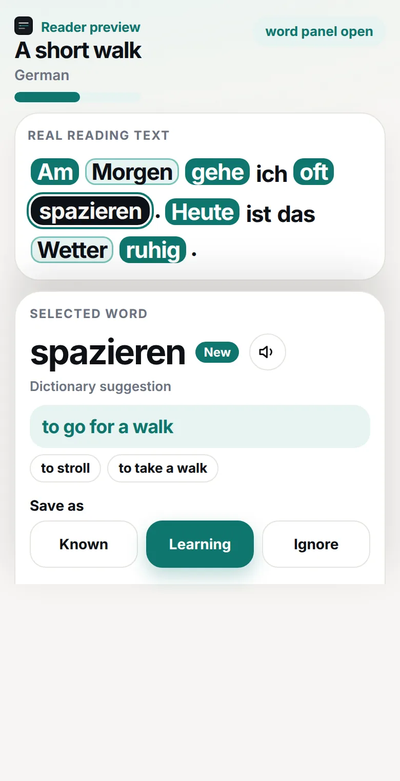 Close-up of the German reader. spazieren is selected, with the translation “to go for a walk” in the word panel.