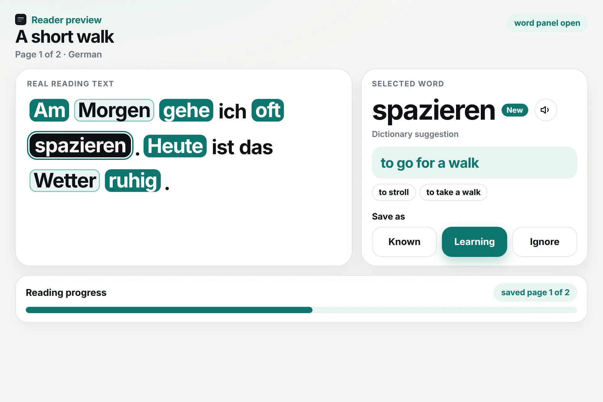 Close-up of the German reader. spazieren is selected, with the translation “to go for a walk” in the word panel.