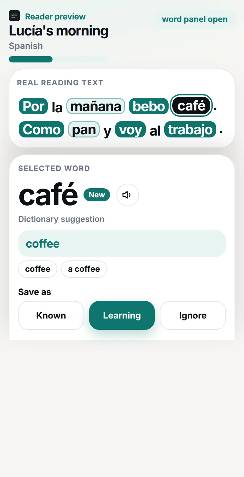 Close-up of the Spanish reader. café is selected, with the translation “coffee” in the word panel.