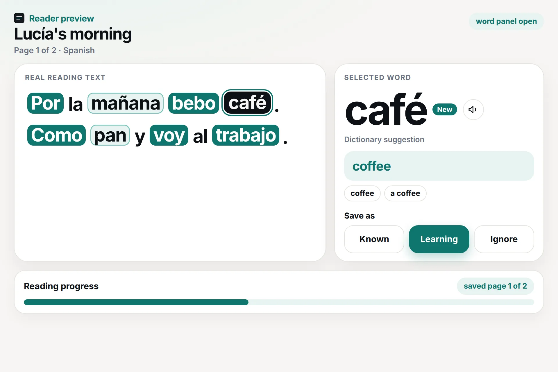 Close-up of the Spanish reader. café is selected, with the translation “coffee” in the word panel.