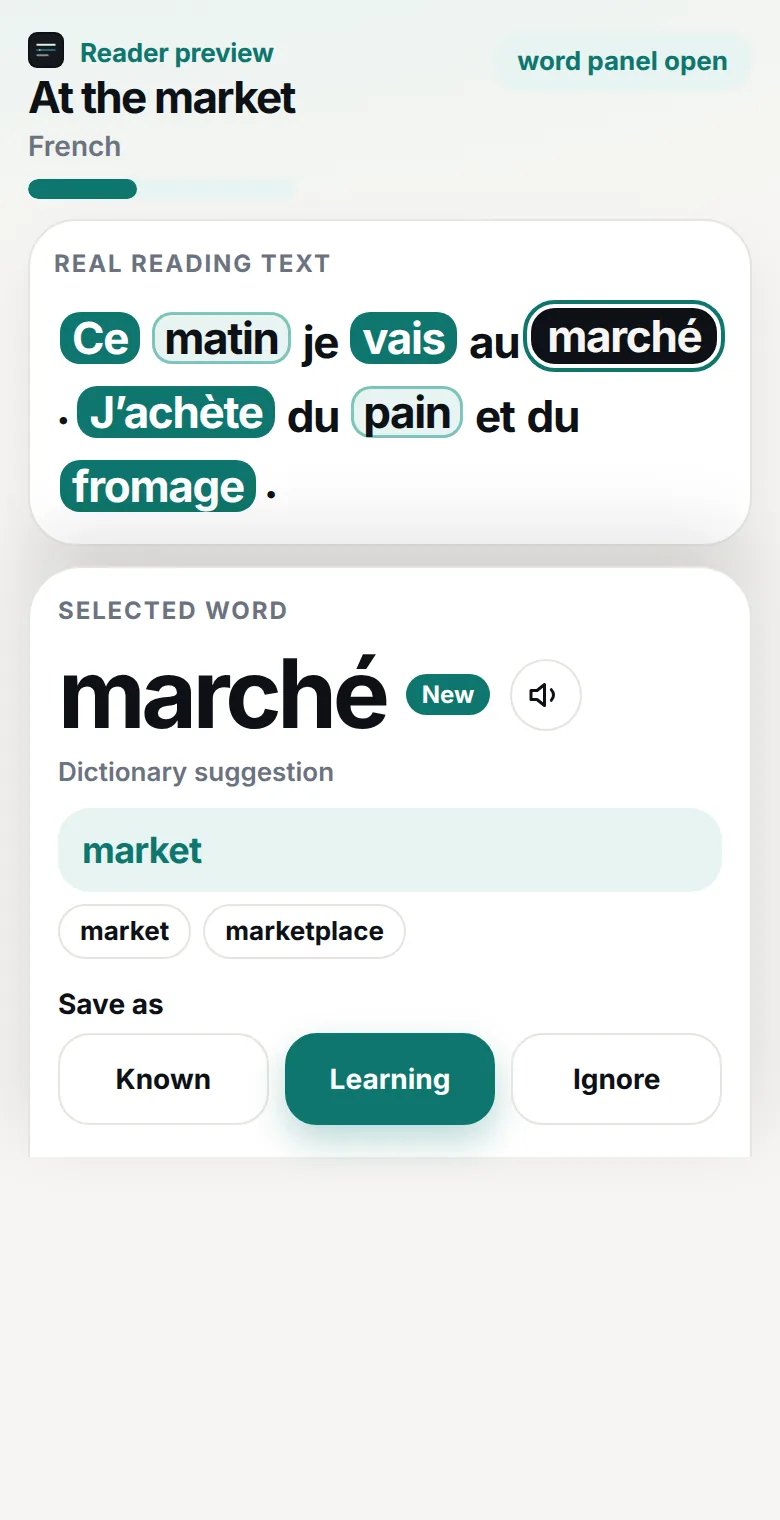 Close-up of the French reader. marché is selected, with the translation “market” in the word panel.