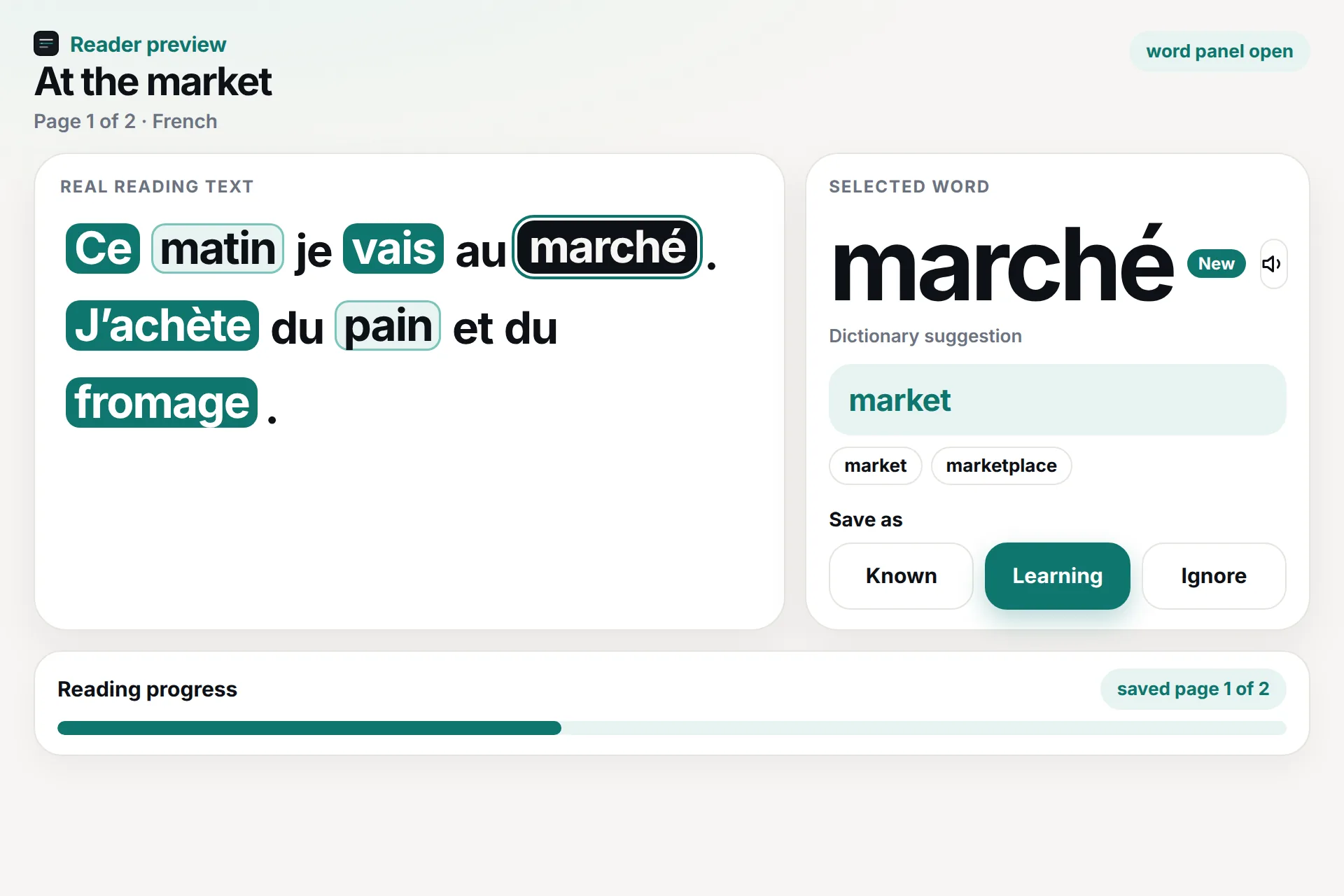 Close-up of the French reader. marché is selected, with the translation “market” in the word panel.