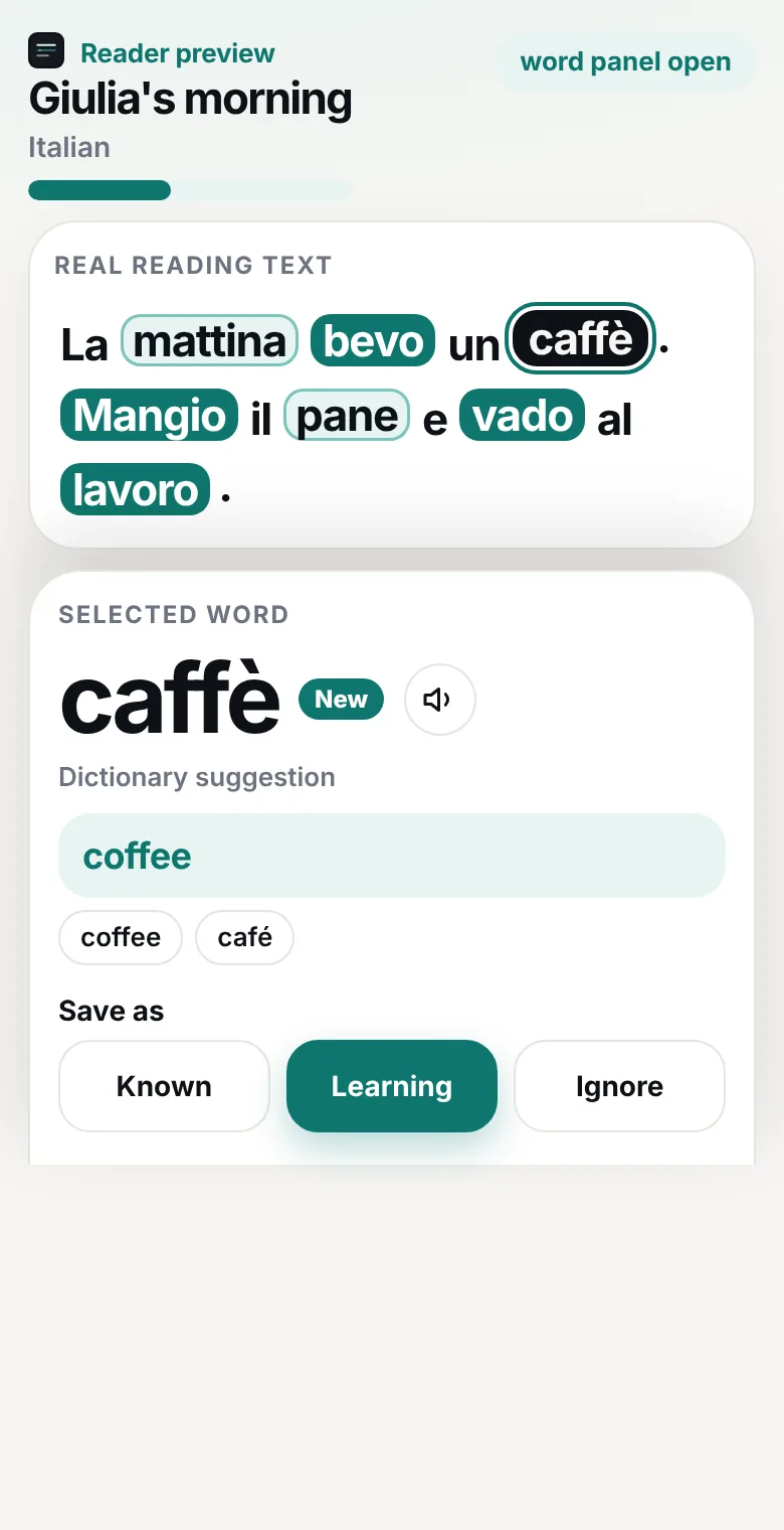 Close-up of the Italian reader. caffè is selected, with the translation “coffee” in the word panel.