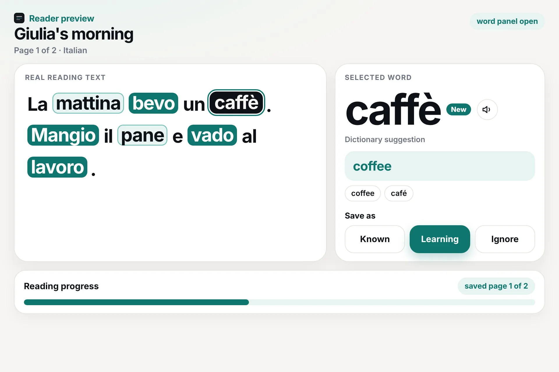 Close-up of the Italian reader. caffè is selected, with the translation “coffee” in the word panel.
