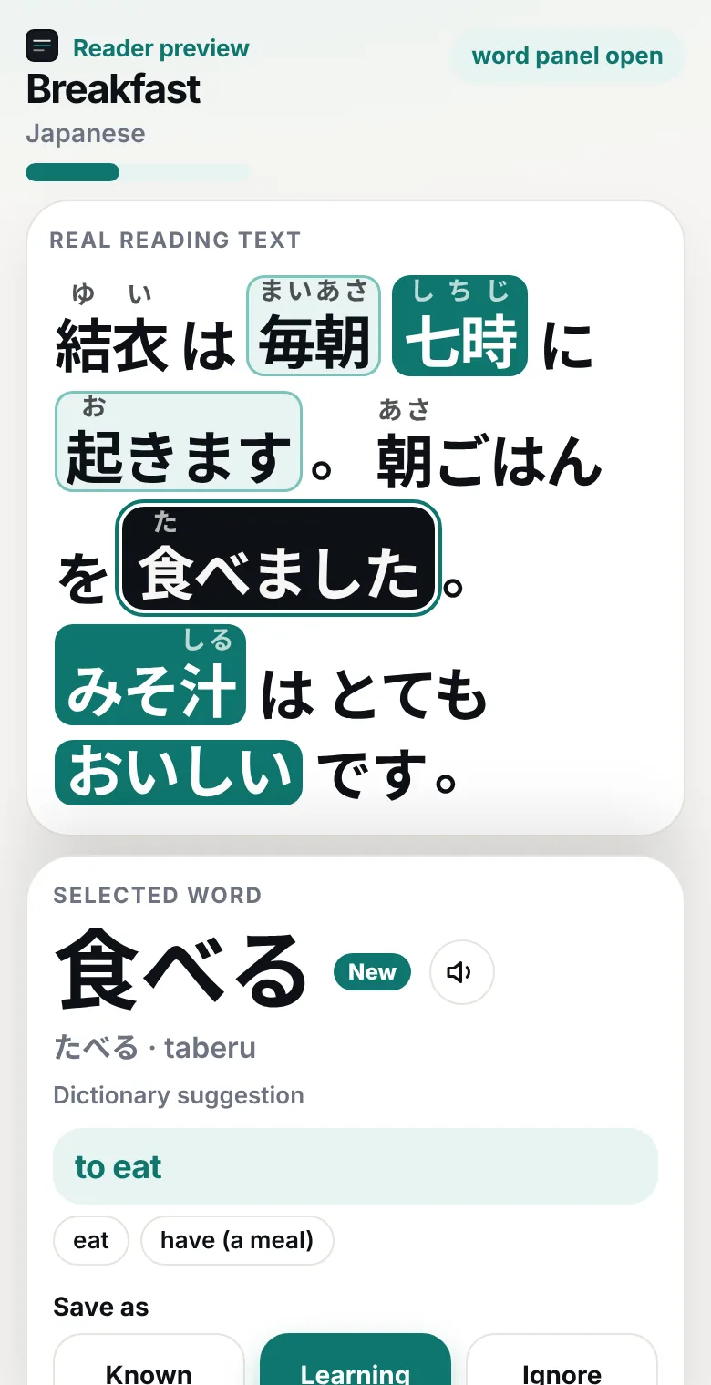 Close-up of the Japanese reader with furigana over the kanji. 食べました is selected, with the dictionary form 食べる and the translation “to eat” in the word panel.