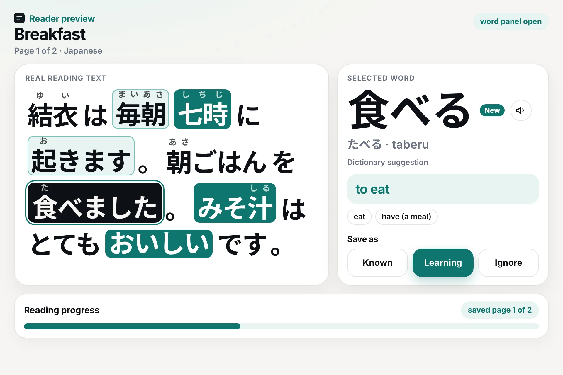Close-up of the Japanese reader with furigana over the kanji. 食べました is selected, with the dictionary form 食べる and the translation “to eat” in the word panel.