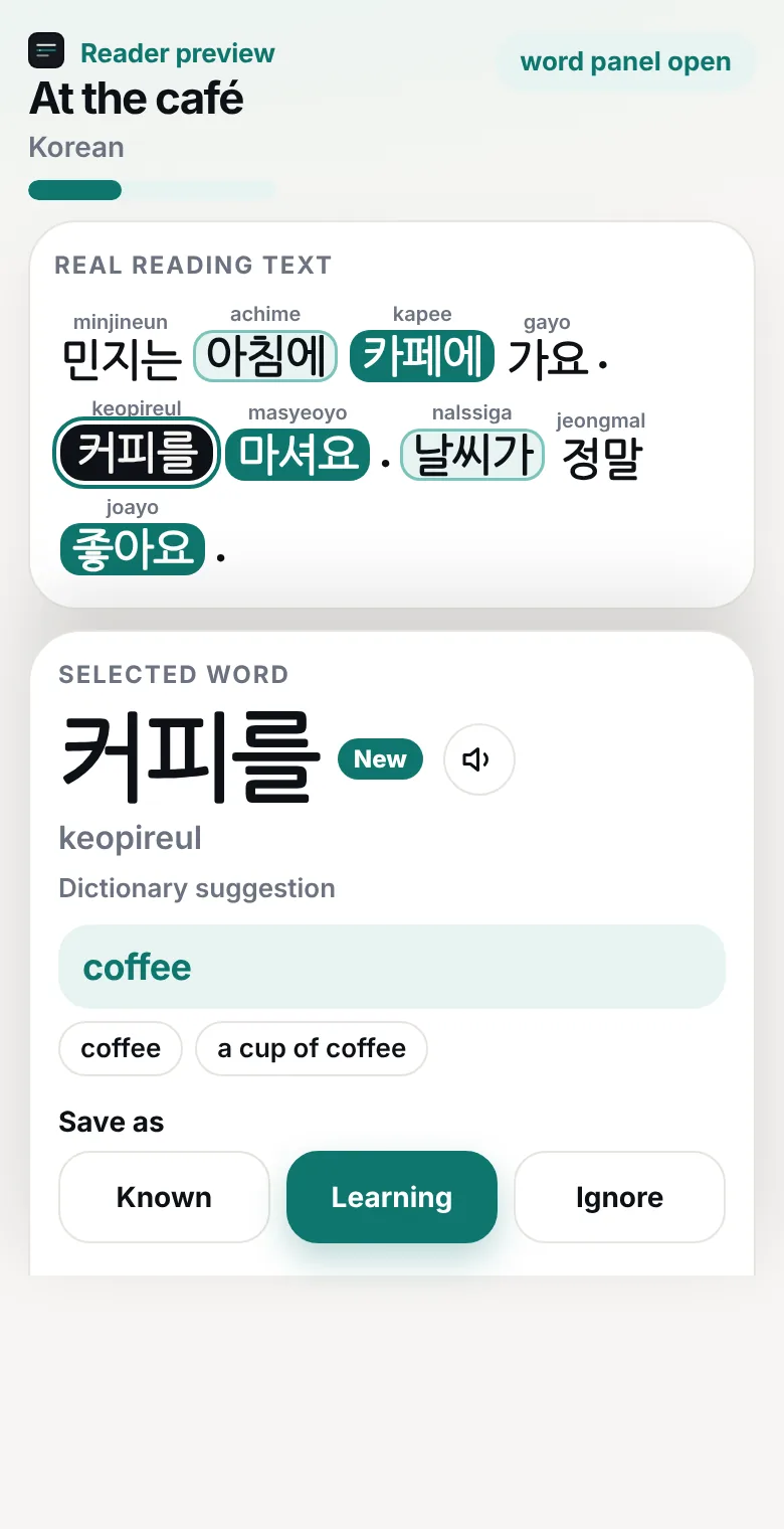 Close-up of the Korean reader with romanization above each word. 커피를 is selected, with the translation “coffee” in the word panel.